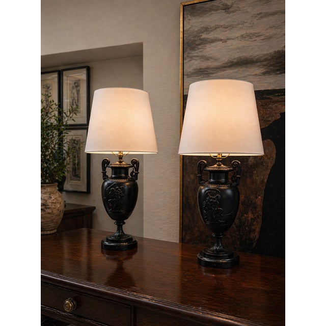 Neoclassical Late 20th Century Neoclassical Black Urn Table Lamps With Figural Relief - a Pair For Sale - Image 3 of 6
