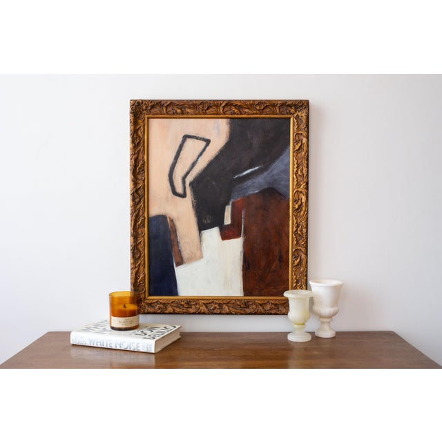 Abstract Original Framed Abstract Painting in Gold / Bronze Gilt Frame in Neutrals, Blue For Sale - Image 3 of 12