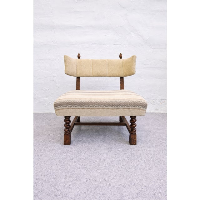 1930s Transitional Hungarian Lounge Chair in Oak, Minotti Tapestry & Belgian Bouclé Upholstery, 1930s For Sale - Image 5 of 11