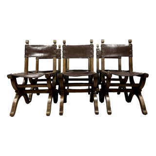 19th Century Medieval Chairs in Wood and Leather, Set of 6 For Sale