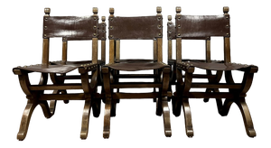 19th Century Medieval Chairs in Wood and Leather, Set of 6