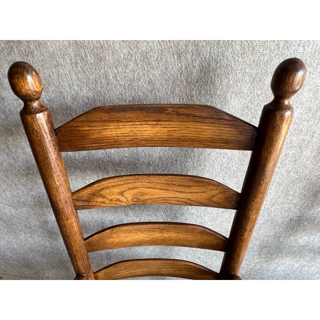 Late 20th Century Pair of Vintage Shaker Style OakLadder Back Rush Seat Arm Chairs For Sale - Image 5 of 12
