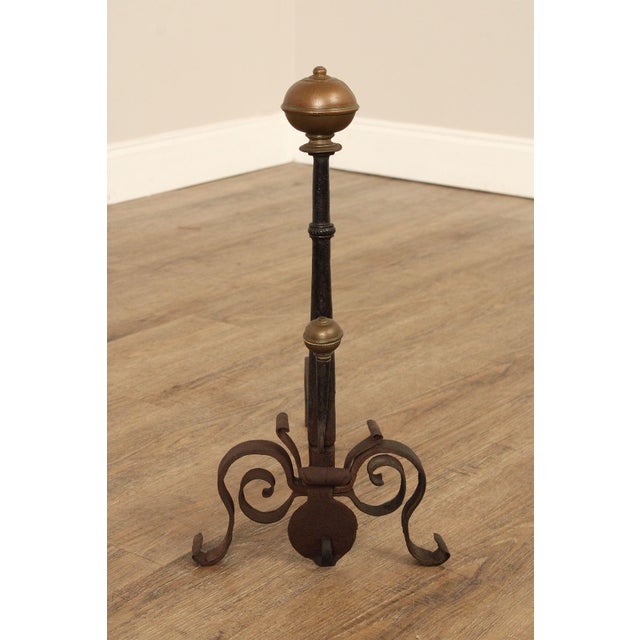 Antique Pair of Forged Iron and Brass Fireplace Andirons For Sale In Philadelphia - Image 6 of 12