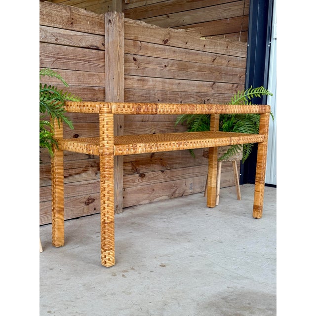 Vintage Coastal Organic Modern Rattan Wrap Console With Cane Insert & Glass For Sale - Image 12 of 12