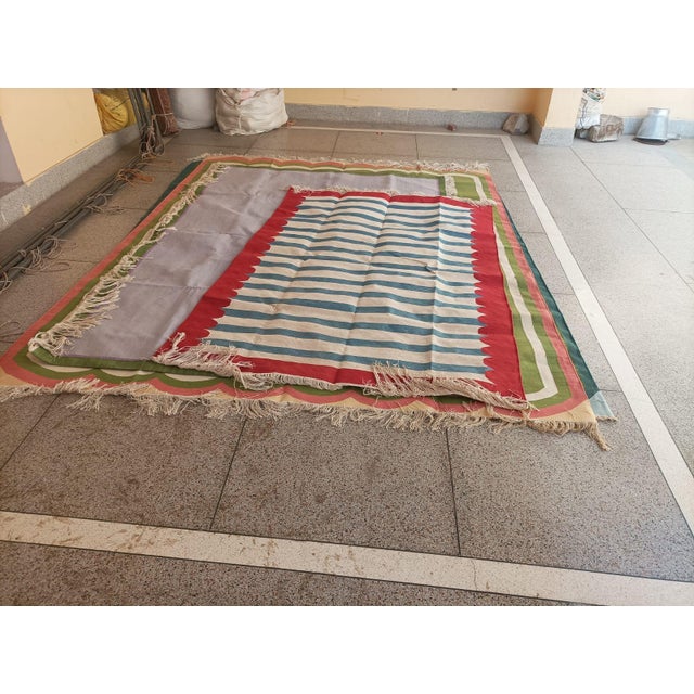 Sky Blue Handmade Cotton Area Rug, Blue and White Striped Scalloped Rug With Red Border - 12'x15' For Sale - Image 8 of 13