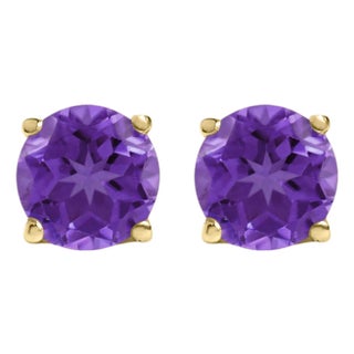14K Yellow Gold 5X5MM Round Purple Amethyst Solitaire Stud Earrings For Sale