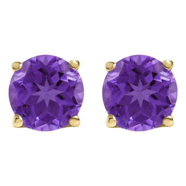 14K Yellow Gold 5X5MM Round Purple Amethyst Solitaire Stud Earrings For Sale