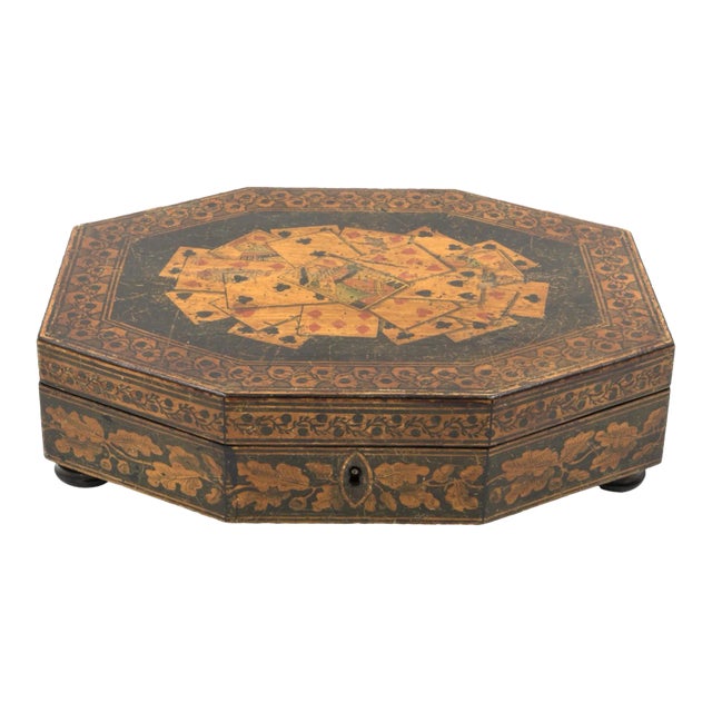 Mid 19th Century English Playing Card Penwork Games Box For Sale