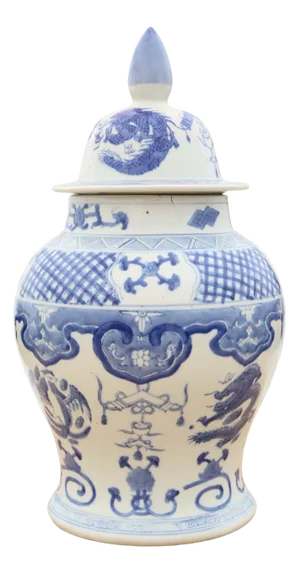 Antique Chinese Oriental Blue and White Ceramic Ginger Jar with Lid, 1920s