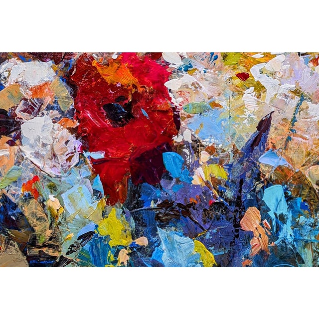 Floral Boom! Acrylic on Gallery Wrap Canvas Red White Yellow Blue Abstract Flowers. Size: 30in x 45in