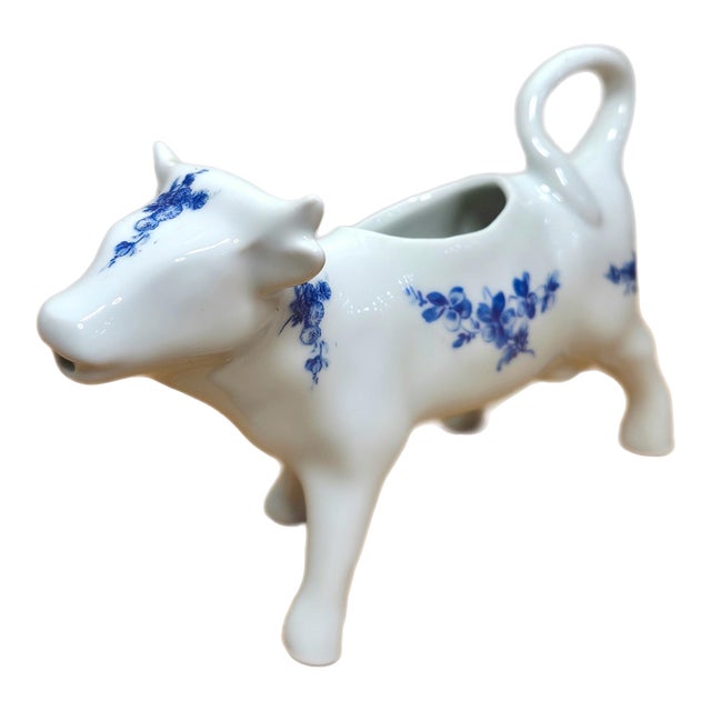 1950s French Porcelain Cow Creamer – Blue Floral Pattern | Marked “France f.d. Véritable Porcelaine” | 7” Long Ceramic Pitcher For Sale
