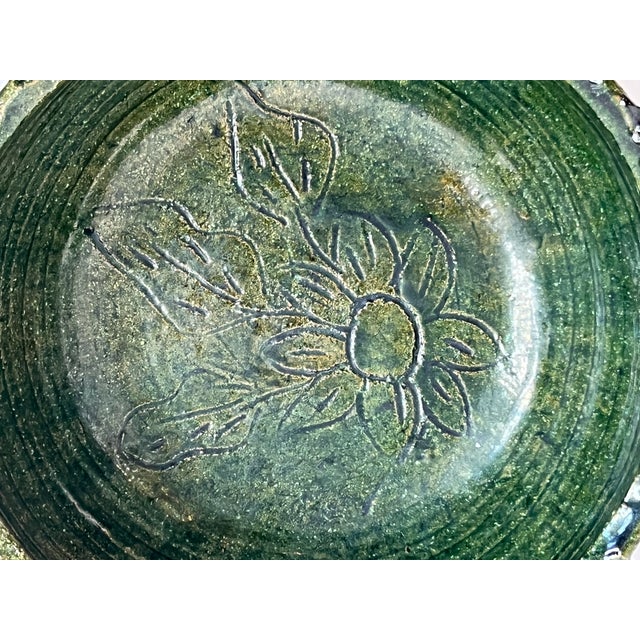 Rustic Oaxacan Barro Verde Pottery Serving Bowl With Handles Green Glazed Incised Floral Earthenware Oaxaca Mexico For Sale In Chicago - Image 6 of 8
