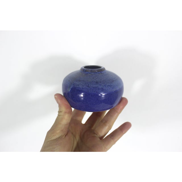 Vintage Signed Studio Pottery Small Bud Vase Blue For Sale - Image 4 of 6