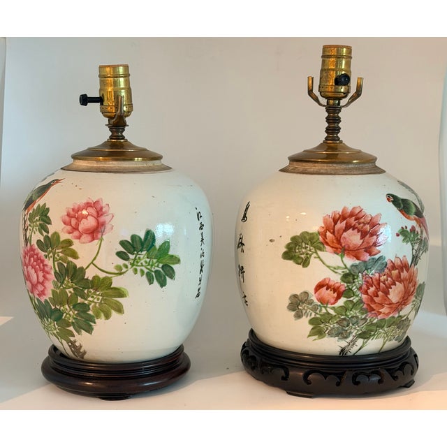 Pair of Chinese Famille Rose Chinoiserie Porcelain Handpainted Ginger Jar Table Lamps, Pink and Green Floral With Birds and Calligraphy For Sale - Image 14 of 18