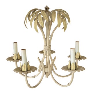 Vintage Coastal Regency Tole Faux Bamboo Palm Leaf Chandelier For Sale