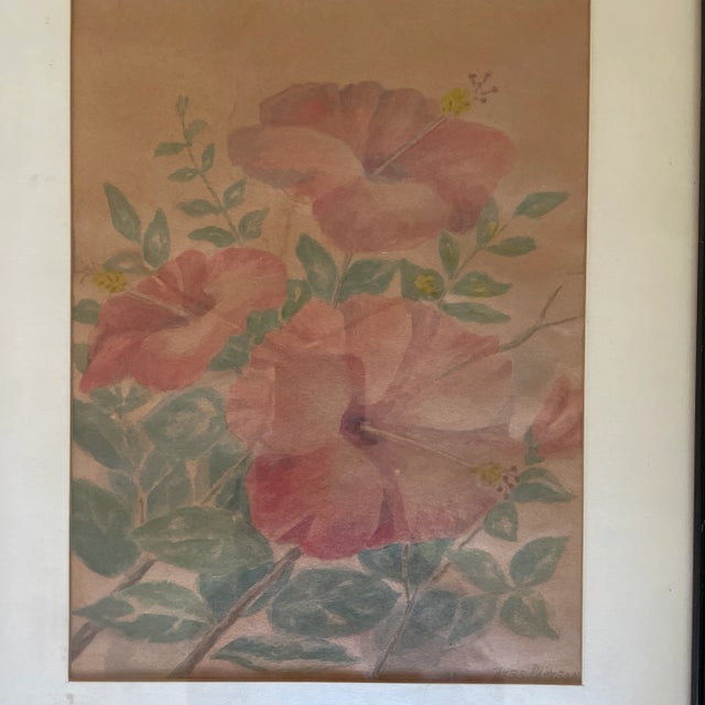 Beautifully detailed original signed artwork by Bess Patteson in 1956. Orange flowers on paper. Framed and matted.