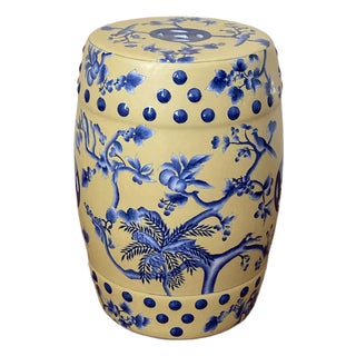 1980s Blue and Yellow Chinoiserie Ceramic Garden Stool For Sale