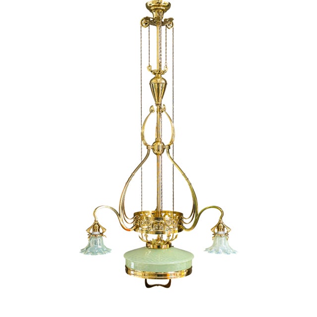 Jugendstil Adjustable Floral Chandelier with Opaline Glass Shades, 1910 For Sale