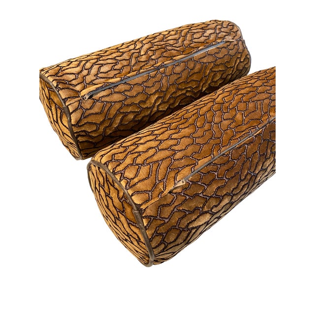 Custom Pair of Bolster Pillows With Lush Patterned Velvet and Leather Trim For Sale - Image 10 of 11