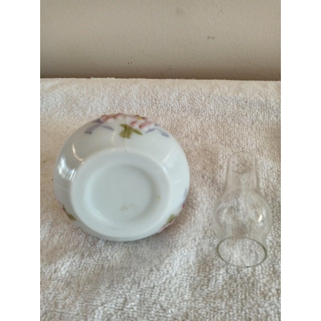 1930s Vintage Milk Glass Painted Floral Embossed Miniature Oil Lamp For Sale - Image 5 of 6