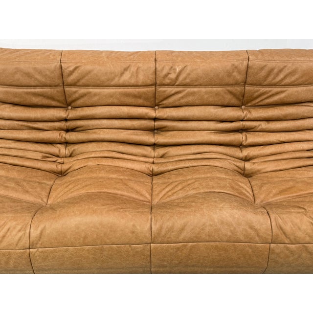 Beige French 3-Seater Togo Sofa in Camel Leather attributed to Michel Ducaroy for Ligne Roset For Sale - Image 8 of 14