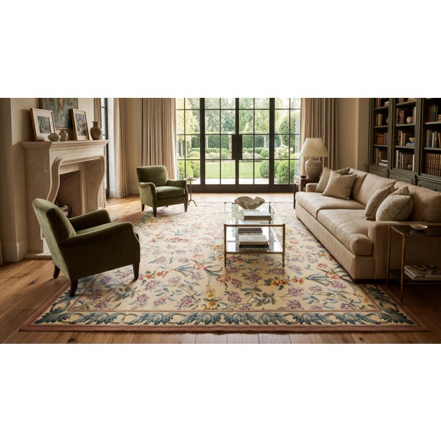 This exquisite vintage Aubusson flatweave rug, meticulously handcrafted from high-quality wool, showcases a soft pale...