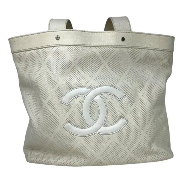 Chanel Ivory Goatskin Perforated Large CC Tote For Sale