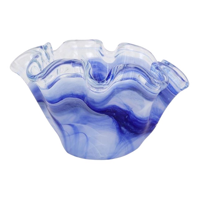 VIETRI Onda Glass Cobalt Petite Ruffled Bowl For Sale