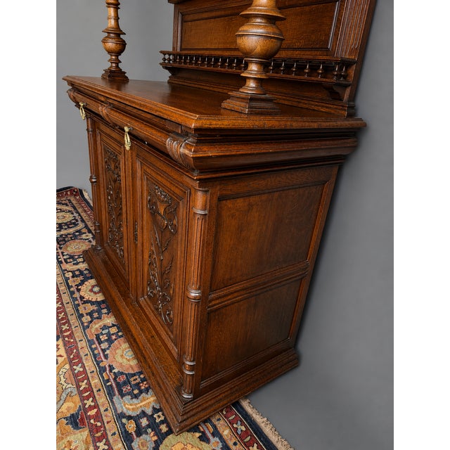 Wood Late 19th Century French Carved Oak Two Piece Cupboard With Stained Glass For Sale - Image 7 of 7