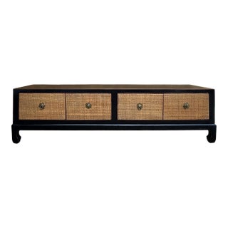 Oriental Black Light Tan Rattan Doors Trapezoid Low Tv Stand Console Table Cabinet For Sale