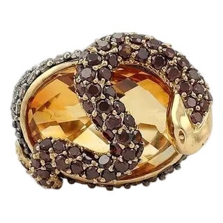 14k Yellow Gold 3.50ct Champagne Diamond Garnet Topaz Snake Ring For Sale