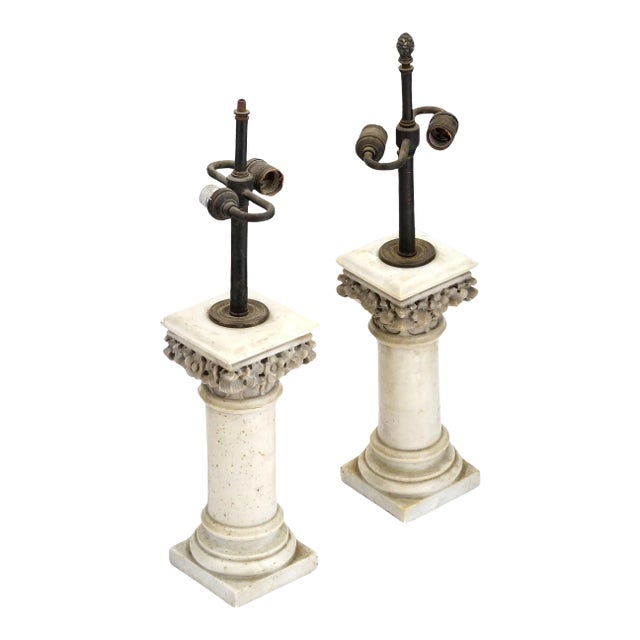 Antique White Marble Column Form Table Lamps - A Pair For Sale