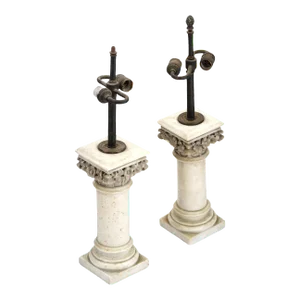 Antique White Marble Column Form Table Lamps - A Pair