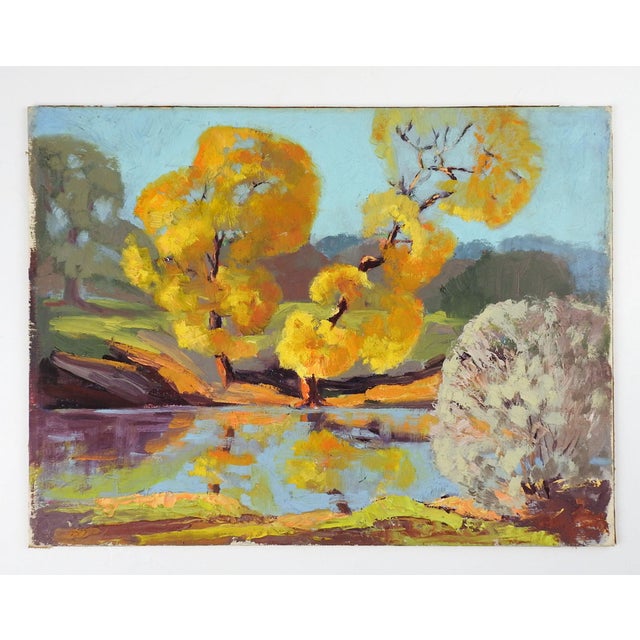 Vintage mid century oil on canvas board autumn landscape painting by John Gaitha Browning (1912-1992) Texas. Signed and...