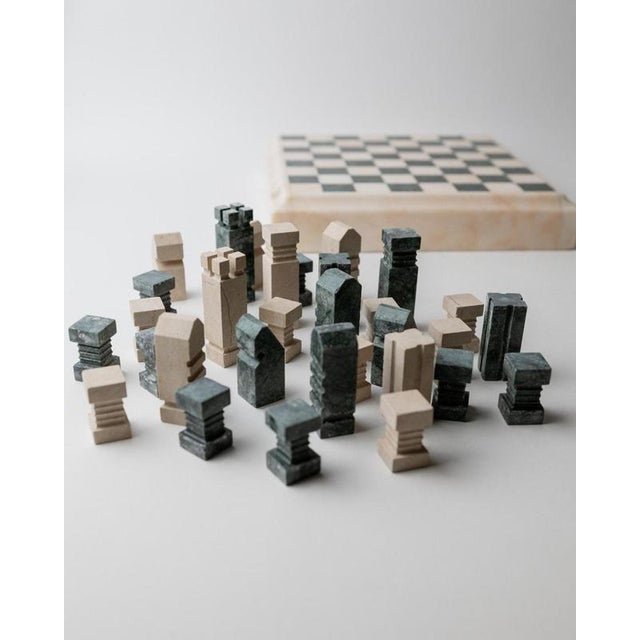 Vintage Marble Chess Set in Green and Beige Stone Chess, 1970s, Set of 33 For Sale - Image 13 of 17