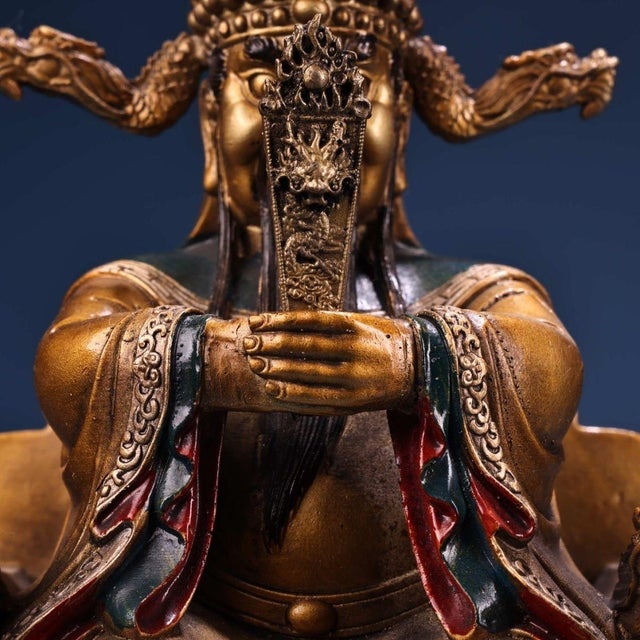 Printmaking Materials Antique Chinese Gilt Bronze Dragon King Statue With Polychrome Paint For Sale - Image 7 of 10