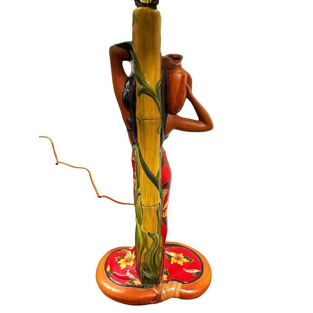 1950s Mid-Century Modern Hand Painted Hawaiian Hula Resin Table Lamp by Santana W/ Wipplestitch Shade For Sale In Los Angeles - Image 6 of 10