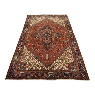 Vintage Heriz Rug 8'3'' X 11'8'' Red Wool Tribal Hand-Knotted Oriental Carpet For Sale