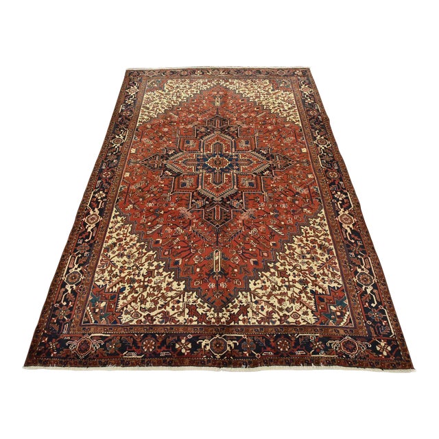 Vintage Heriz Rug 8'3'' X 11'8'' Red Wool Tribal Hand-Knotted Oriental Carpet For Sale