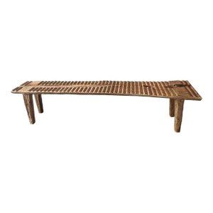 Teak Wood Sculptural Long Bench, Carved Detailing, Modern Organic