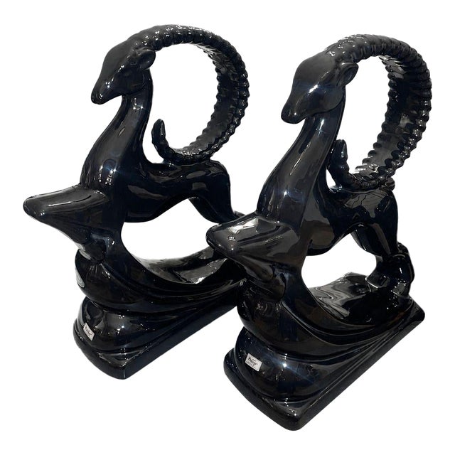 Pair of Royal Haeger Glossy Black Gazelle Sculptures. u.s.a. Late 20th Century. For Sale
