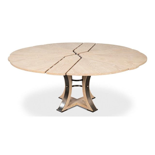 Transitional Round Dining Table, Medium – Bleached Oak With Hammered Iron Accents For Sale - Image 4 of 11
