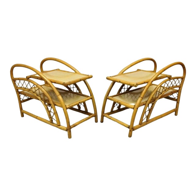Vintage Tiki Rattan Bentwood Bamboo 2 Tier Sculptural End Tables - A Pair For Sale