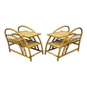 Vintage Tiki Rattan Bentwood Bamboo 2 Tier Sculptural End Tables - A Pair
