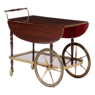 Mid-Century Mahogany Wood & Brass German Serving Bar Cart / Tea Trolley, 1960s For Sale