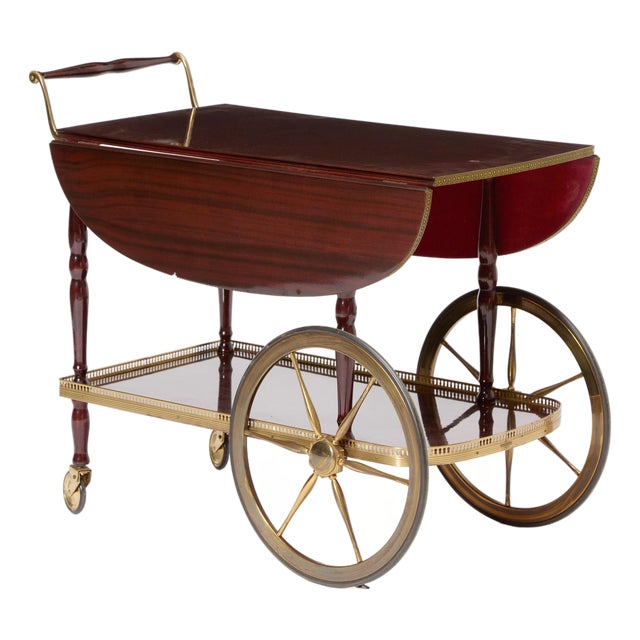 Mid-Century Mahogany Wood & Brass German Serving Bar Cart / Tea Trolley, 1960s For Sale