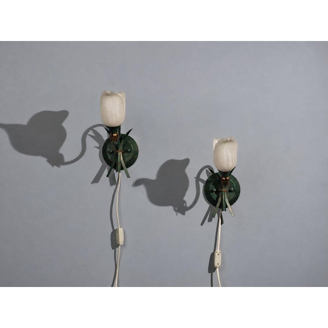 1960s Italian Floral Wall Sconces, Green Metal, Bronze, Glass - Pair For Sale - Image 4 of 12