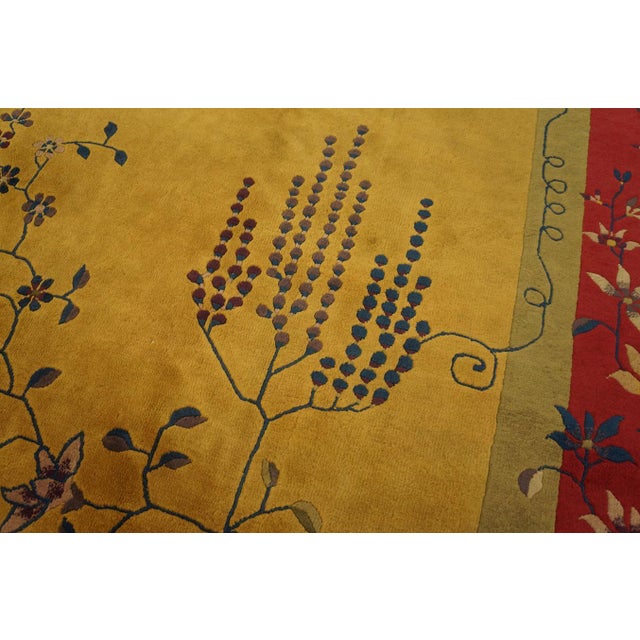 1920s Surprising Saffron Background and Red-Raspebery Border With Tiny Sprays Floral Design Antique Chinese Art Deco Rug For Sale - Image 5 of 12
