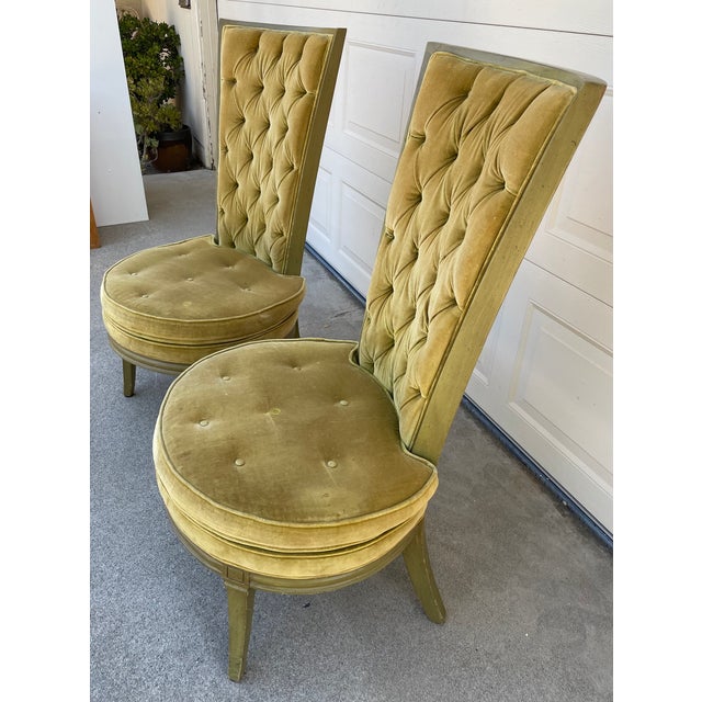 Mid-Century Modern Pair of Vintage Lewittes Hollywood Regency Tufted Citrus Velvet High-Back Dining Chairs For Sale - Image 3 of 18
