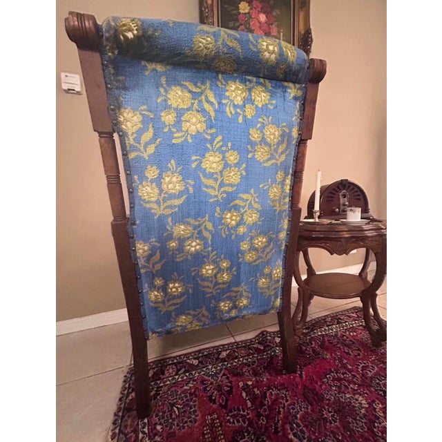 Victorian Antique Victorian Eastlake Walnut Armchair With Porcelain Casters & Blue Floral Upholstery For Sale - Image 3 of 10